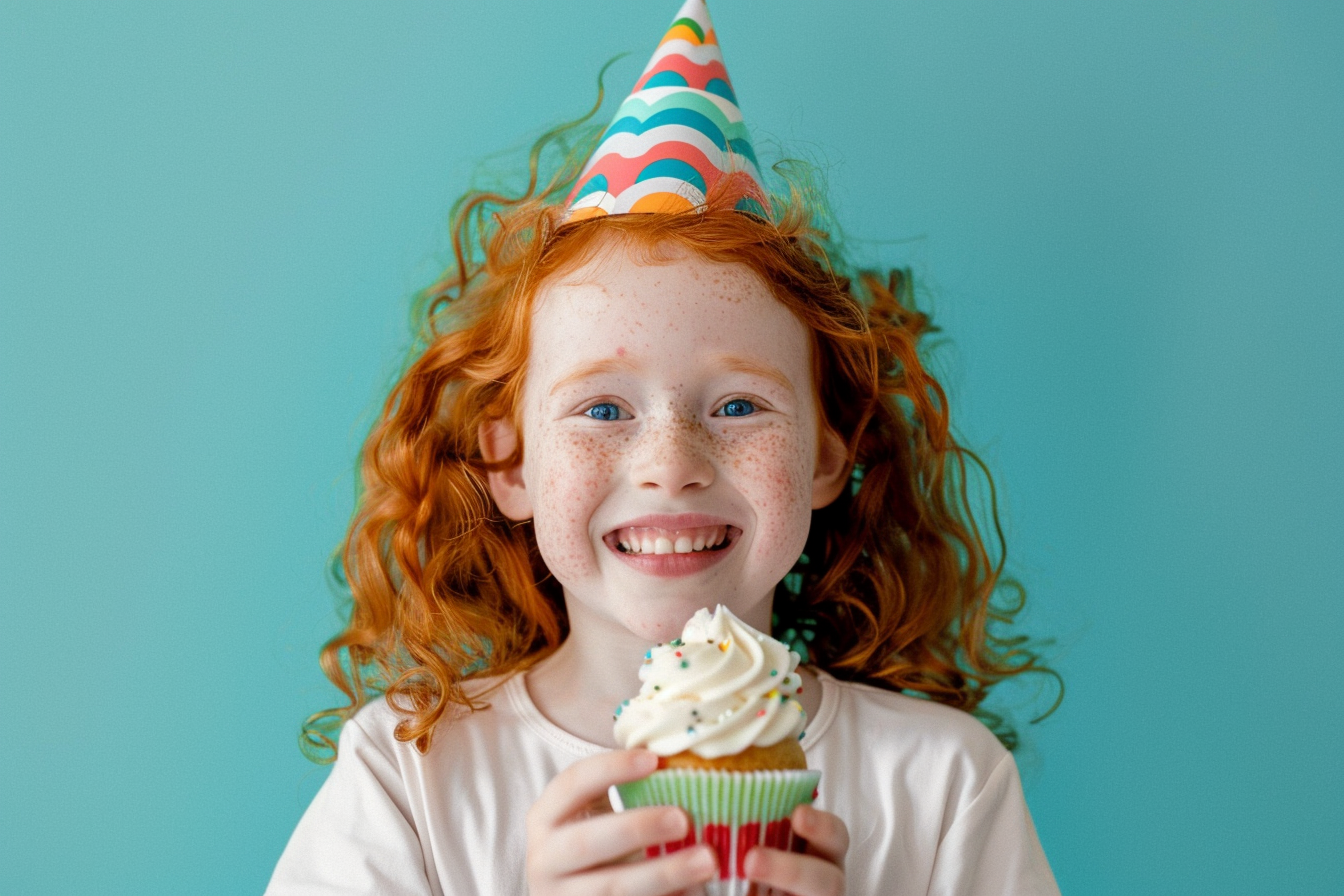 Image gratuite Enfant souriant avec un cupcake et chapeau d&rsquo;anniversaire 1