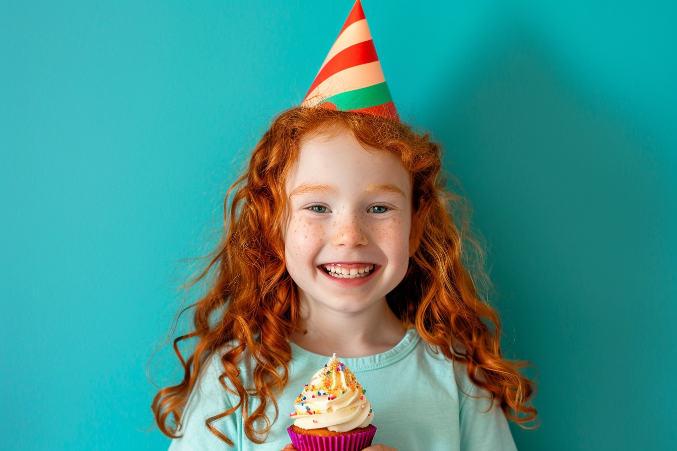 Image gratuite Enfant souriant avec un cupcake et chapeau d&rsquo;anniversaire 2