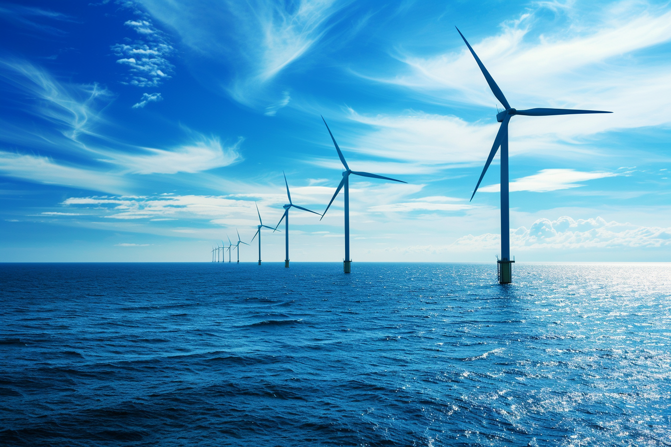 Image gratuite Éoliennes offshore au coucher du soleil: paysage côtier serein 1