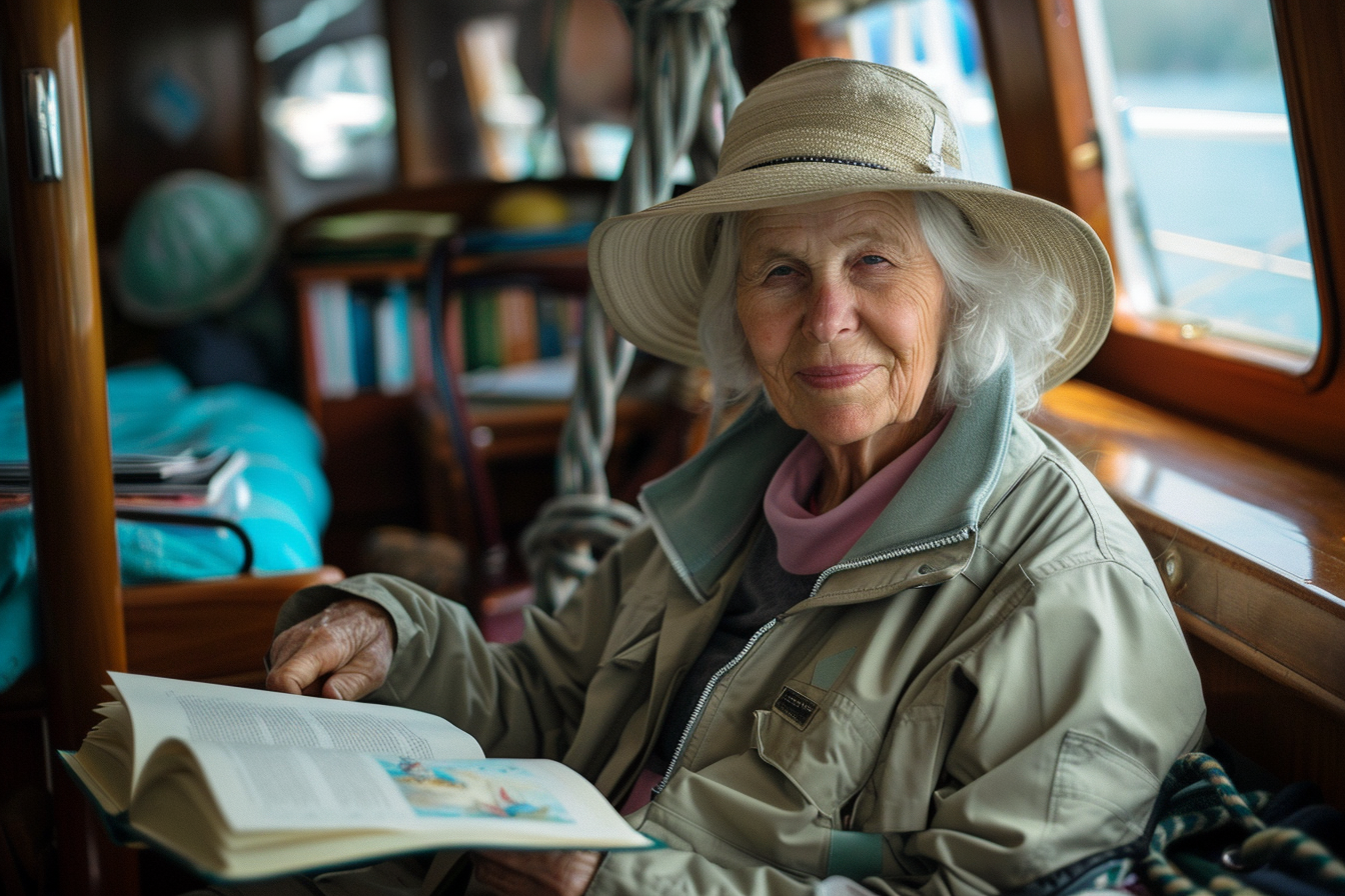 Image gratuite Femme âgée assise dans la cabine d&rsquo;un yacht avec un livre 1