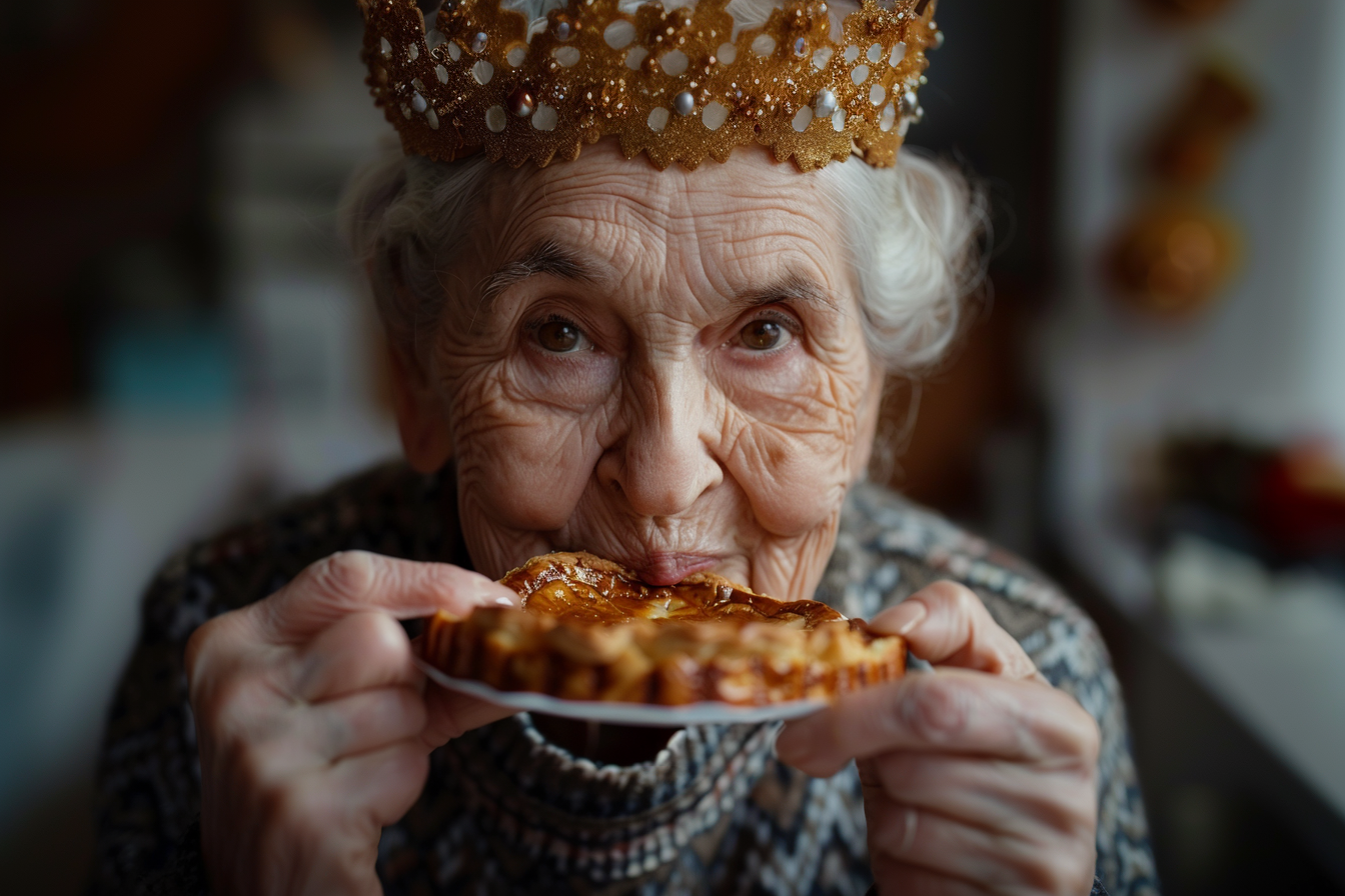 Image gratuite Femme âgée aux cheveux blancs savoure Galette des Rois 2