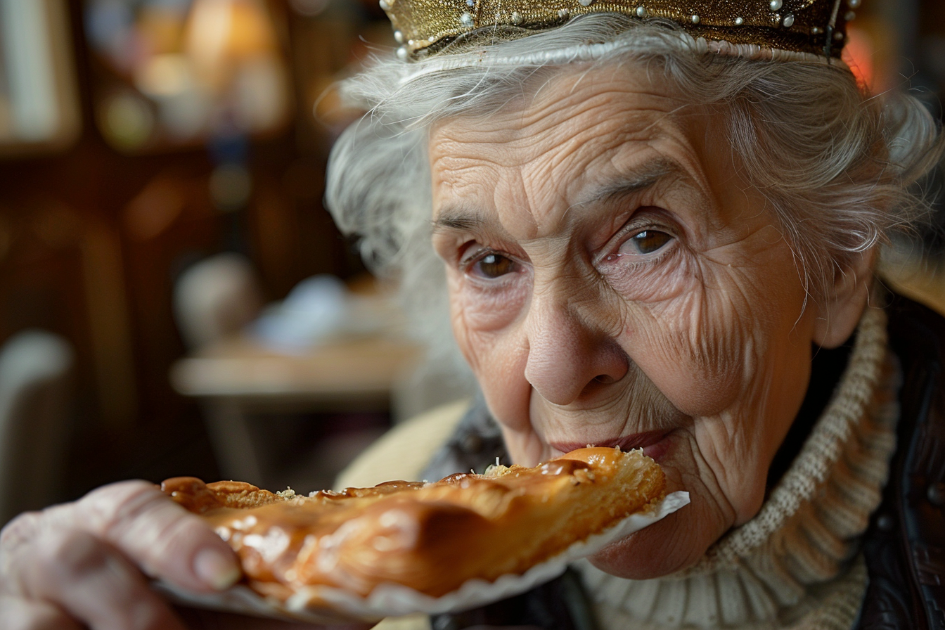 Image gratuite Femme âgée aux cheveux blancs savoure Galette des Rois 3