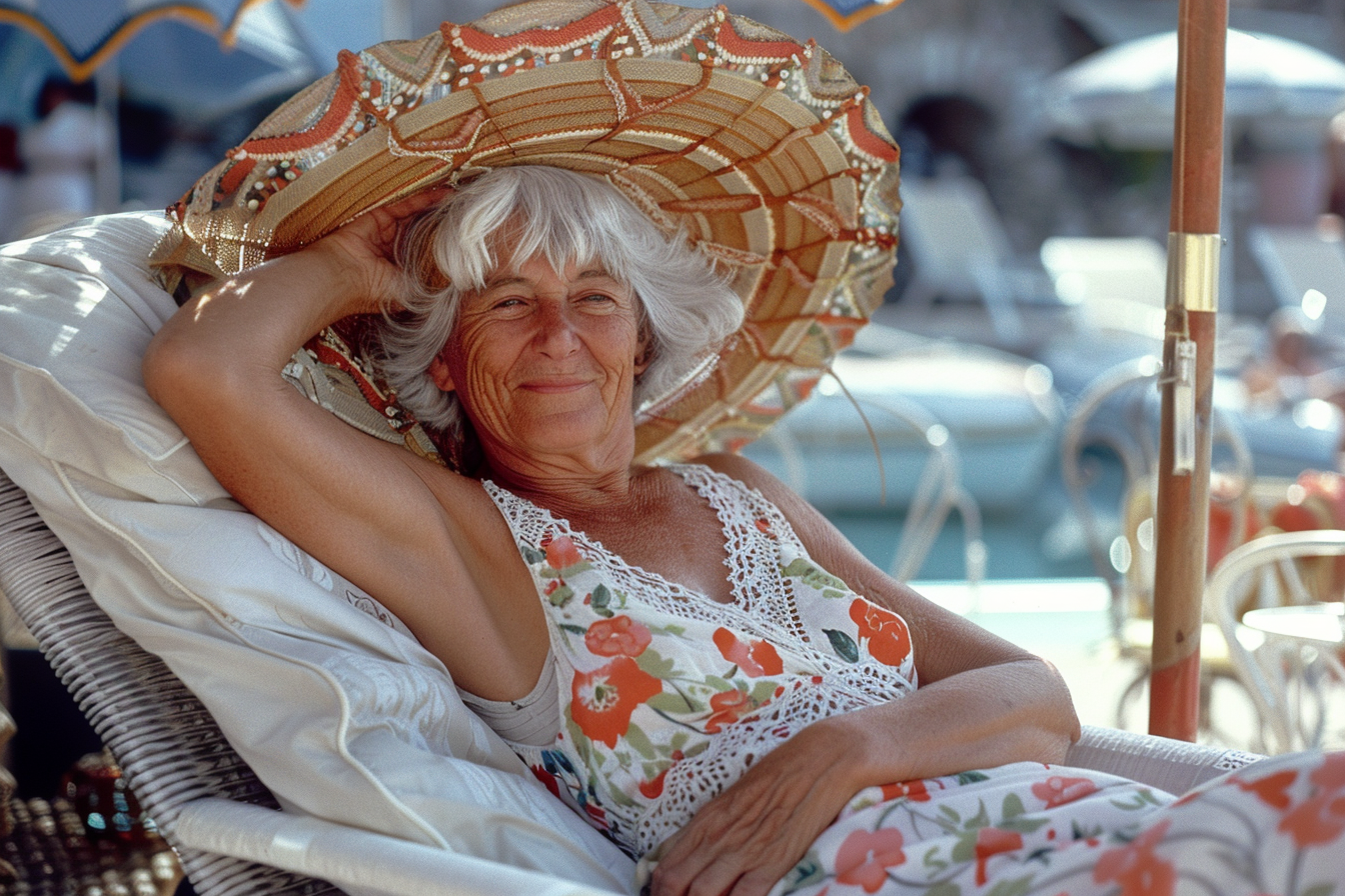 Image gratuite Femme âgée bronzant sur un transat sous un parasol 1