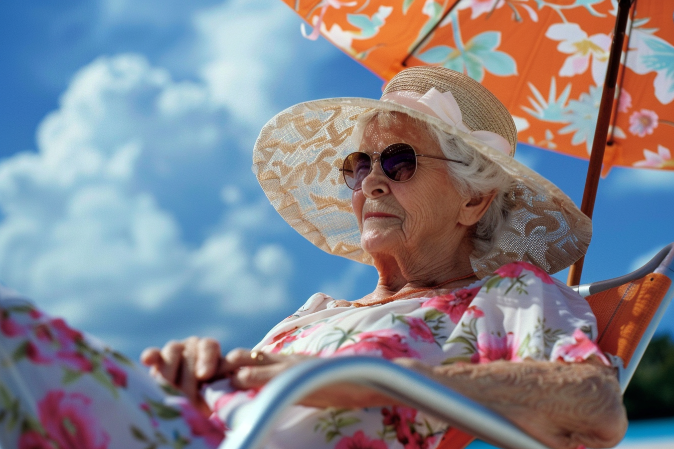 Image gratuite Femme âgée bronzant sur un transat sous un parasol 2