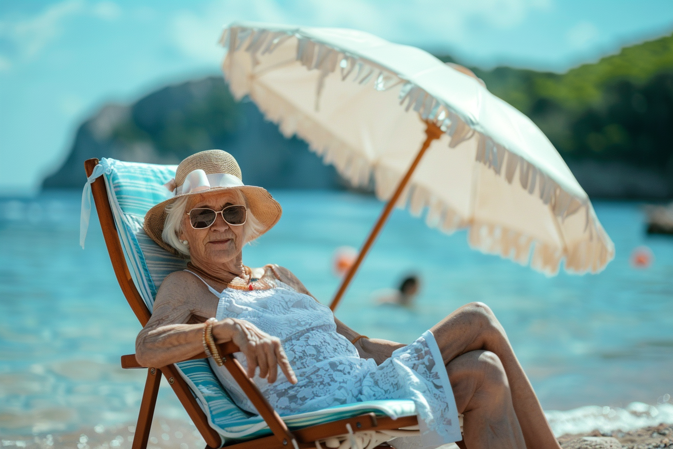 Image gratuite Femme âgée bronzant sur un transat sous un parasol 3