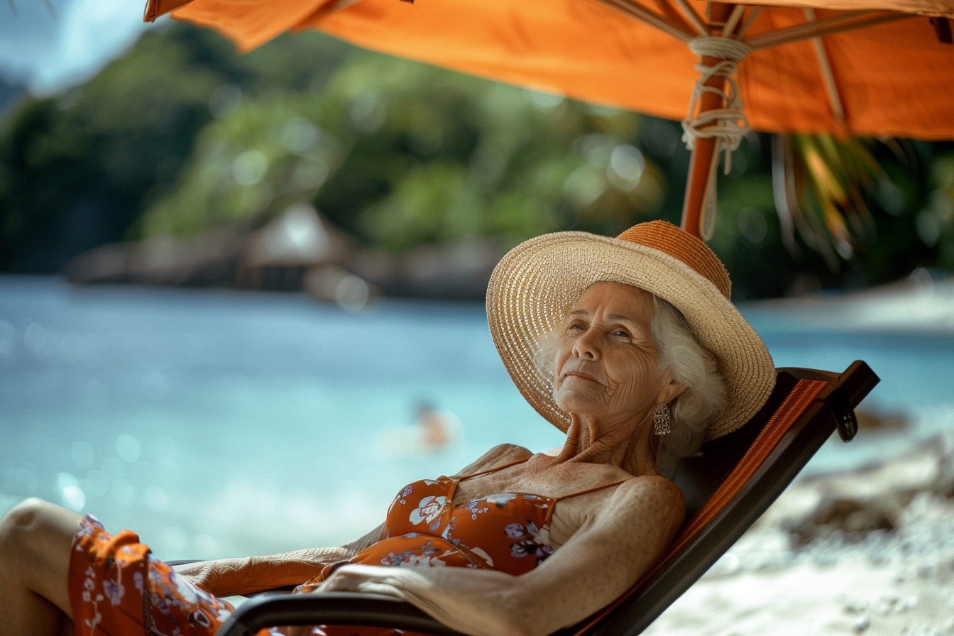 Image gratuite Femme âgée bronzant sur un transat sous un parasol 4