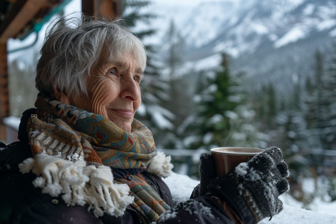 Image gratuite Femme âgée buvant un chocolat chaud en montagne 1