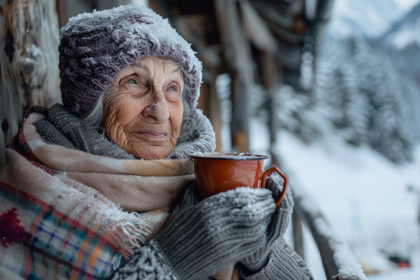 Image gratuite Femme âgée buvant un chocolat chaud en montagne 2