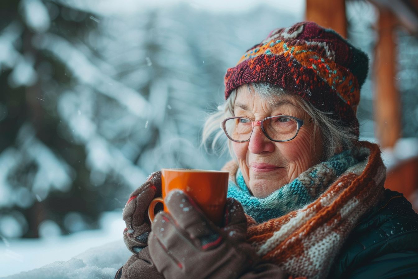 Image gratuite Femme âgée buvant un chocolat chaud en montagne 3