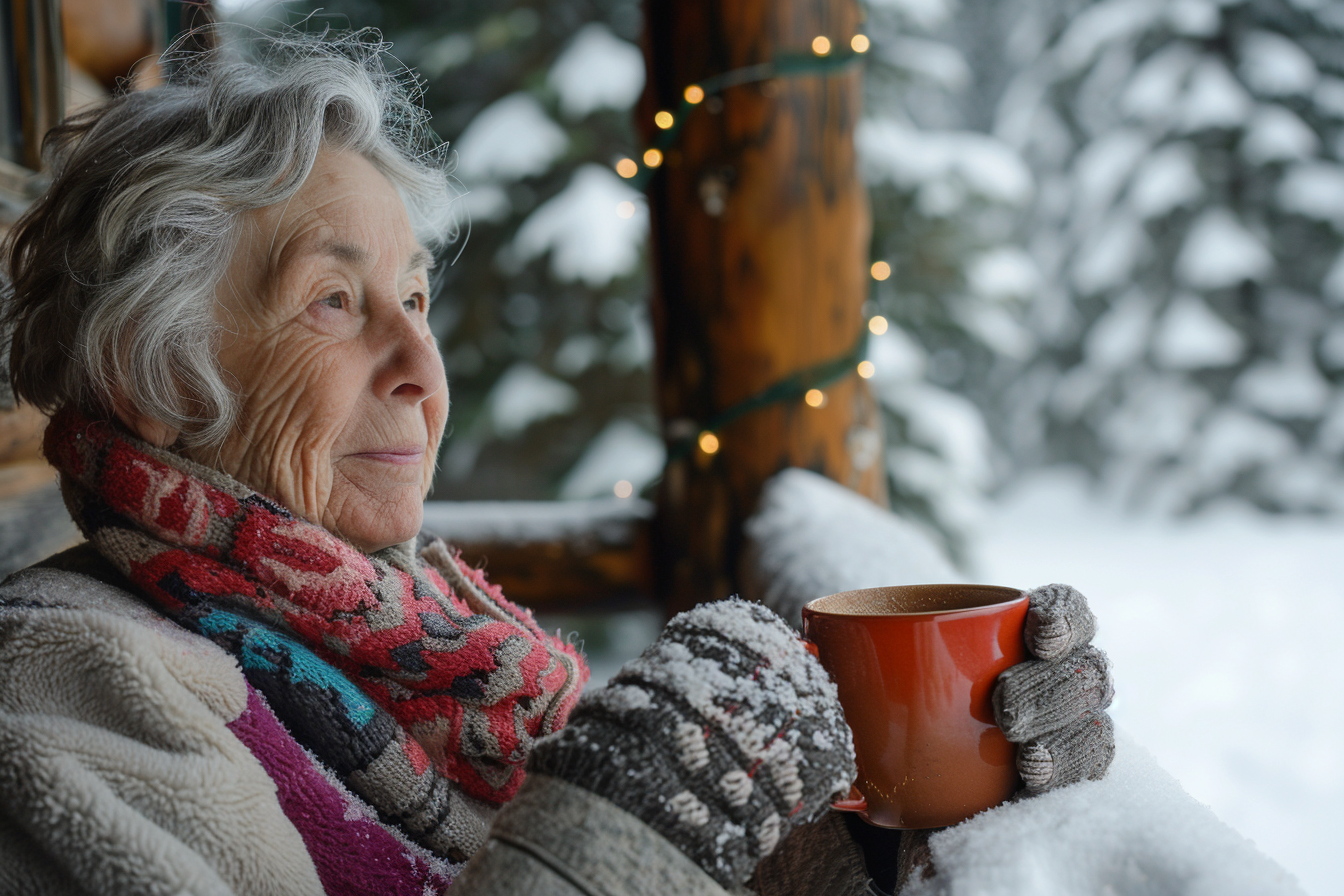 Image gratuite Femme âgée buvant un chocolat chaud en montagne 4