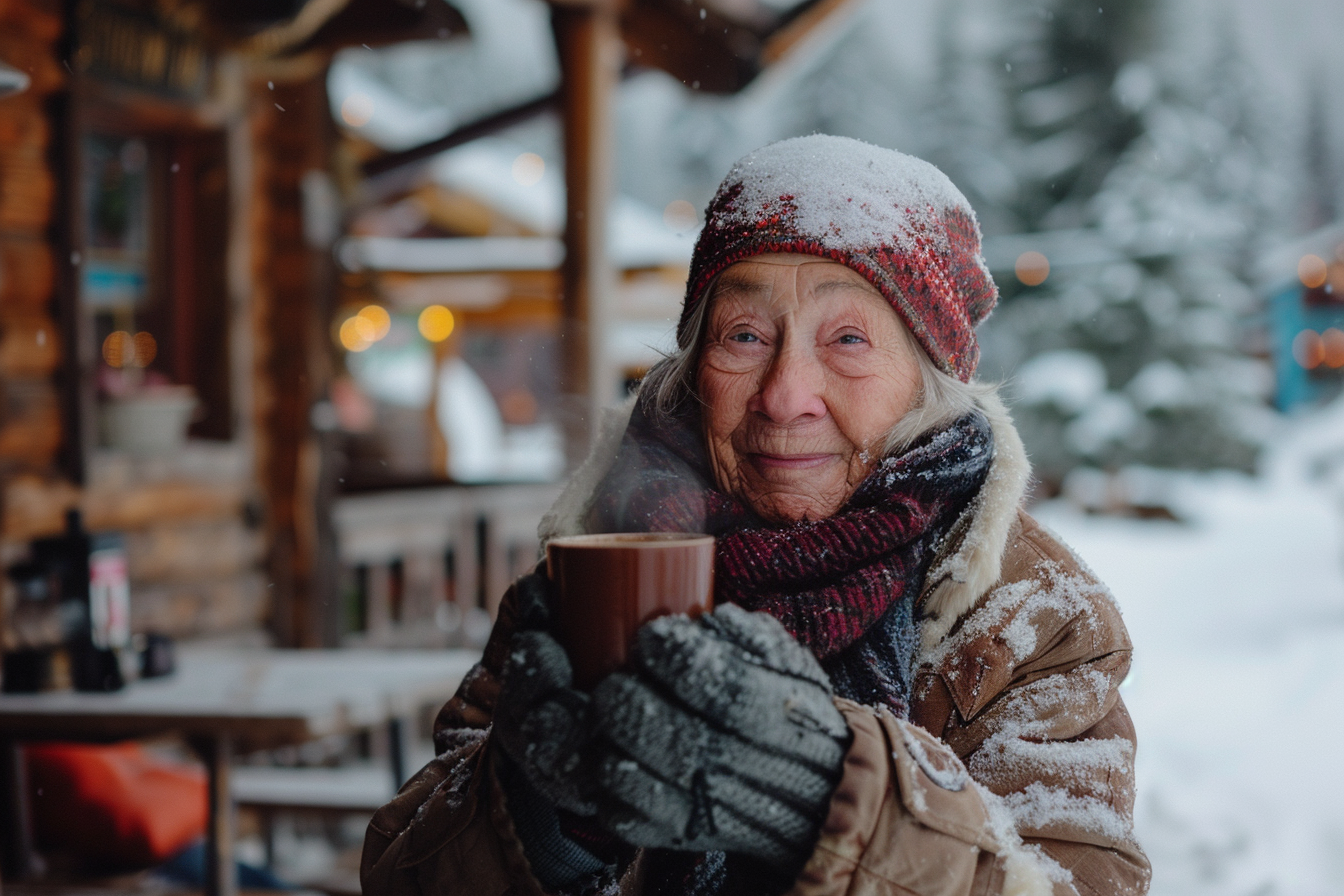 Image gratuite Femme âgée buvant un chocolat chaud en montagne 5