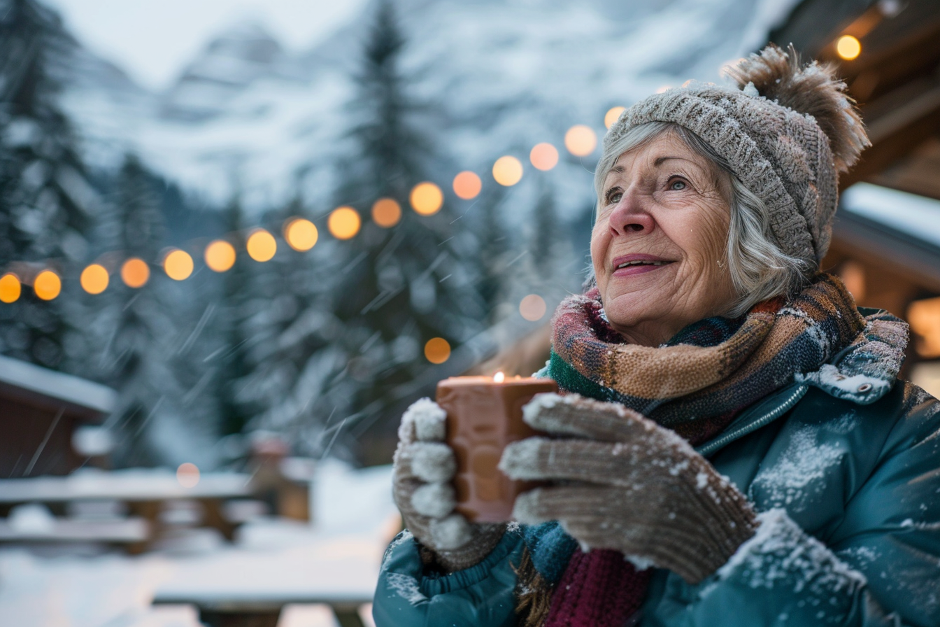 Image gratuite Femme âgée buvant un chocolat chaud en montagne 6