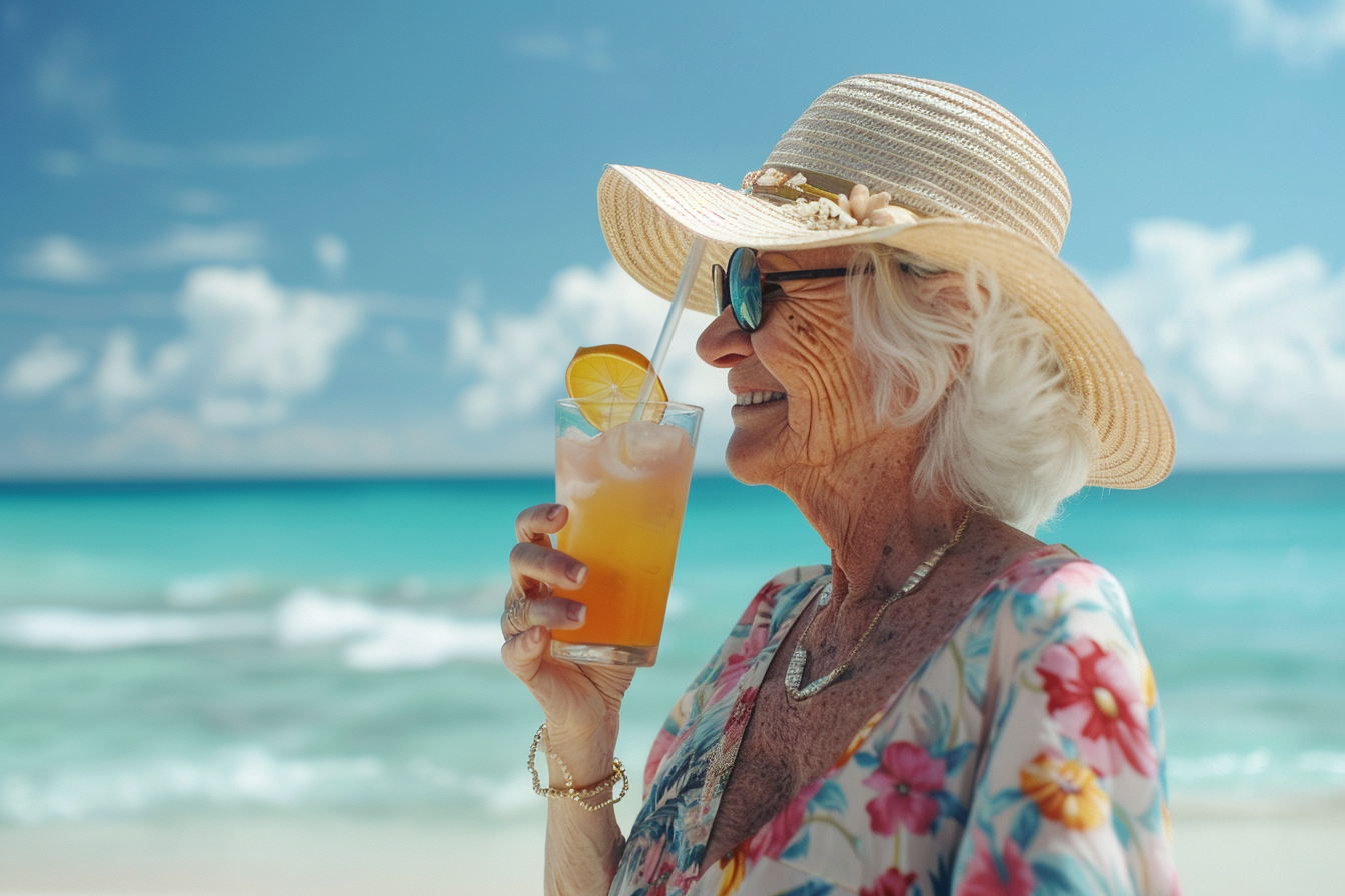 Image gratuite Femme âgée buvant un mocktail sur la plage 1