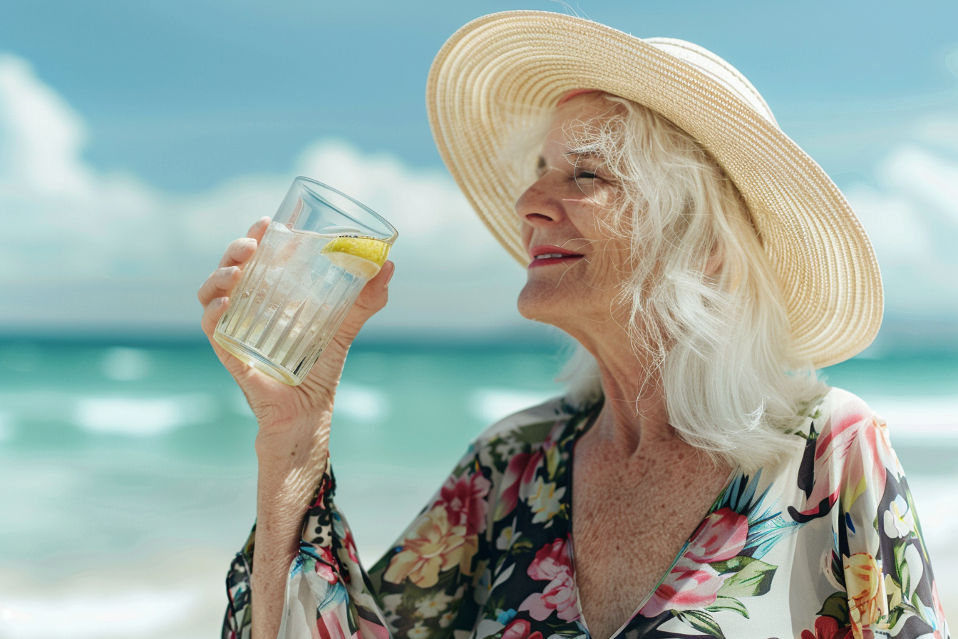 Image gratuite Femme âgée buvant un mocktail sur la plage 2