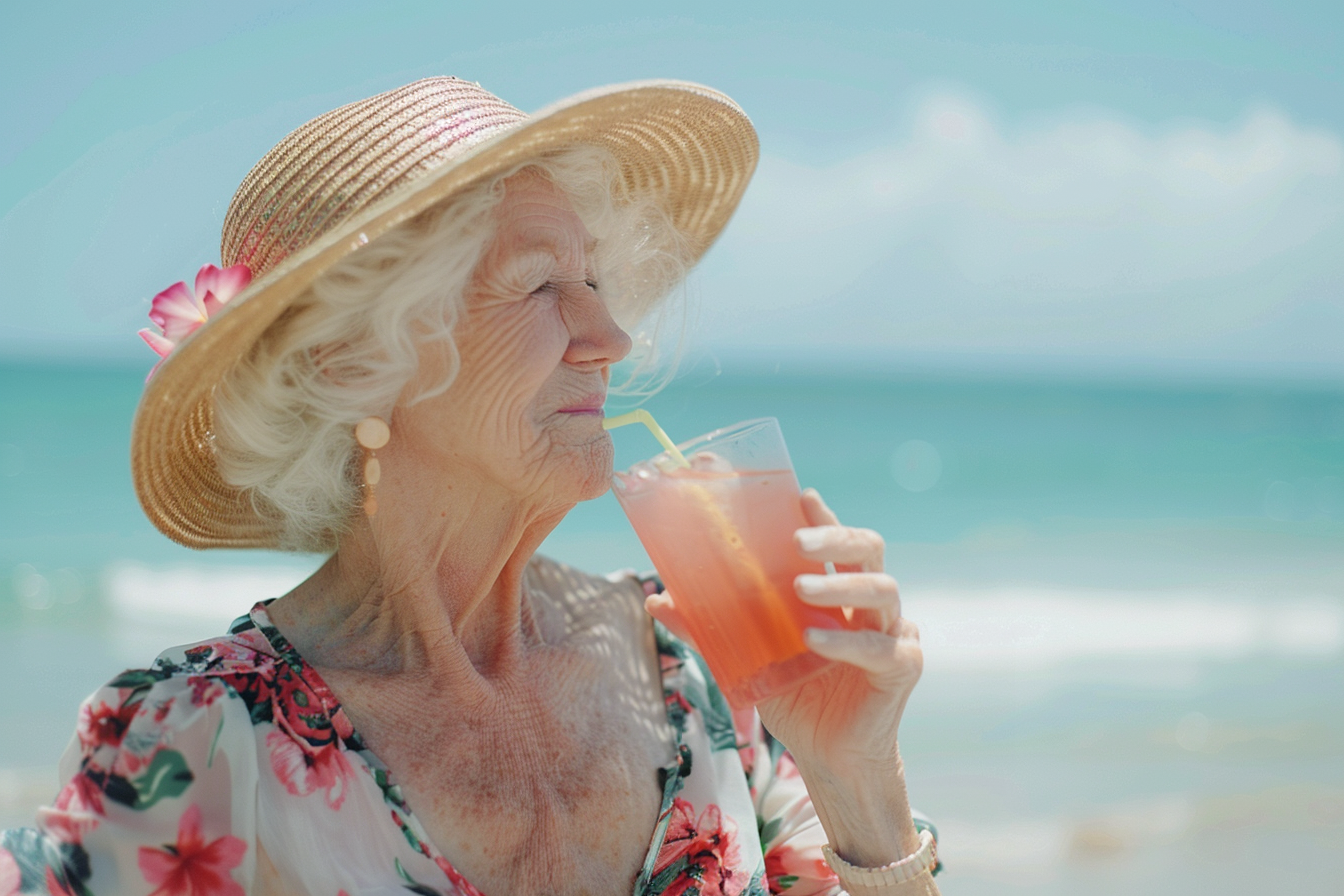 Image gratuite Femme âgée buvant un mocktail sur la plage 3