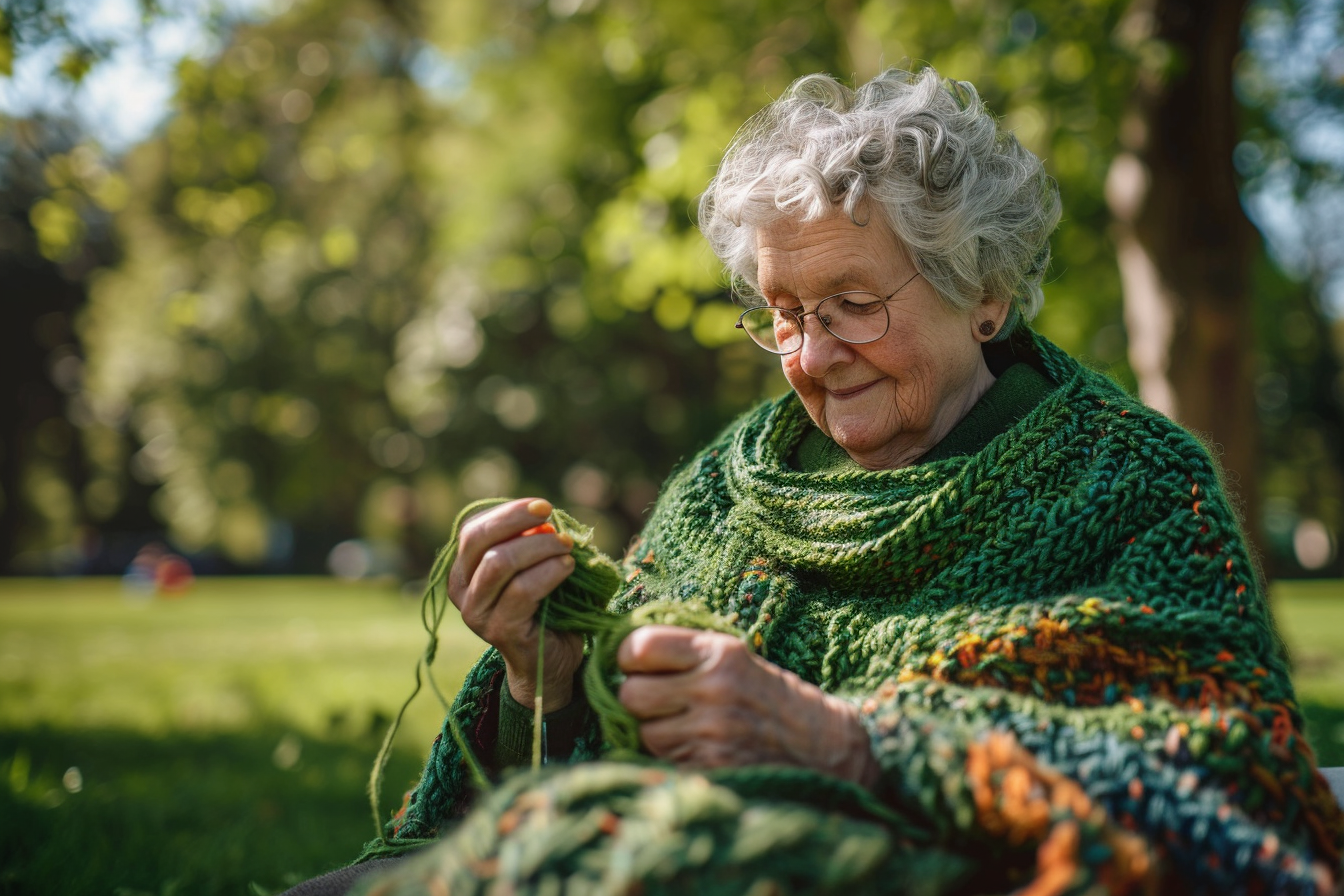 Image gratuite Femme âgée, châle vert, tricot, laine verte, parc ensoleillé 1
