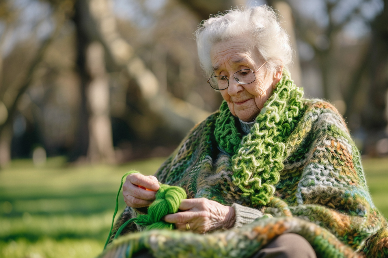 Image gratuite Femme âgée, châle vert, tricot, laine verte, parc ensoleillé 2