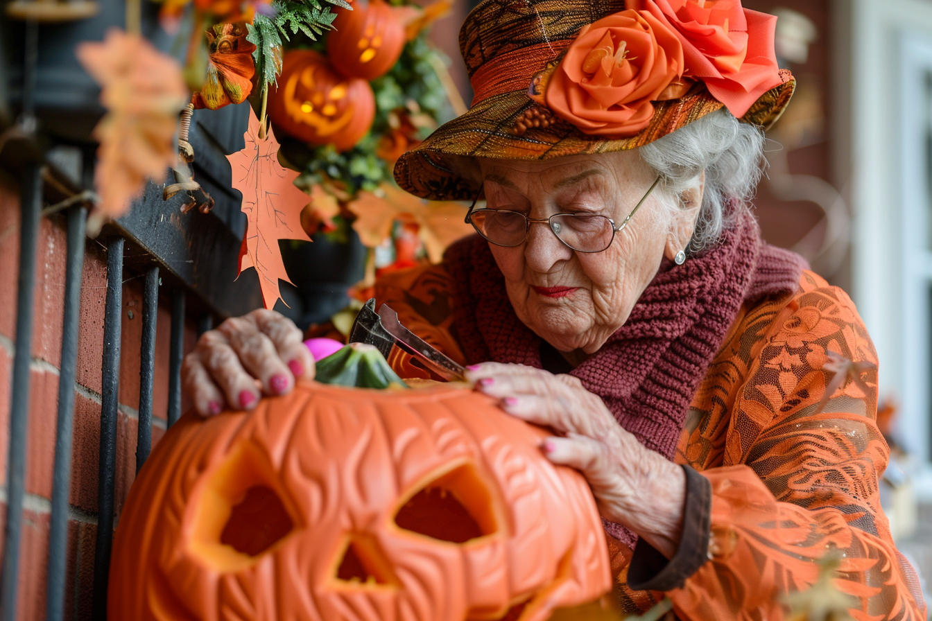Image gratuite Femme âgée, costume citrouille, lanterne citrouille, porche décoré 1
