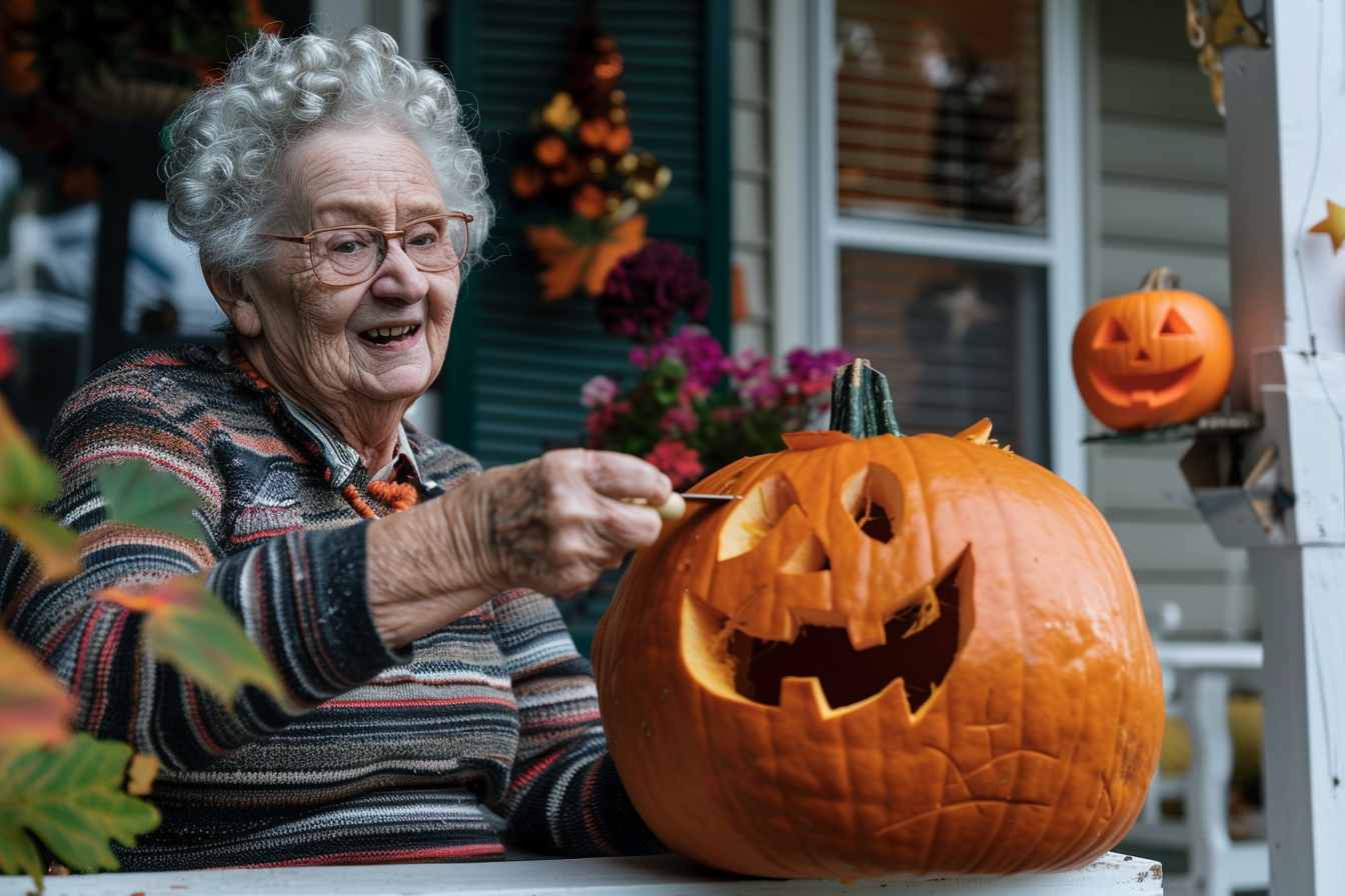 Image gratuite Femme âgée, costume citrouille, lanterne citrouille, porche décoré 2