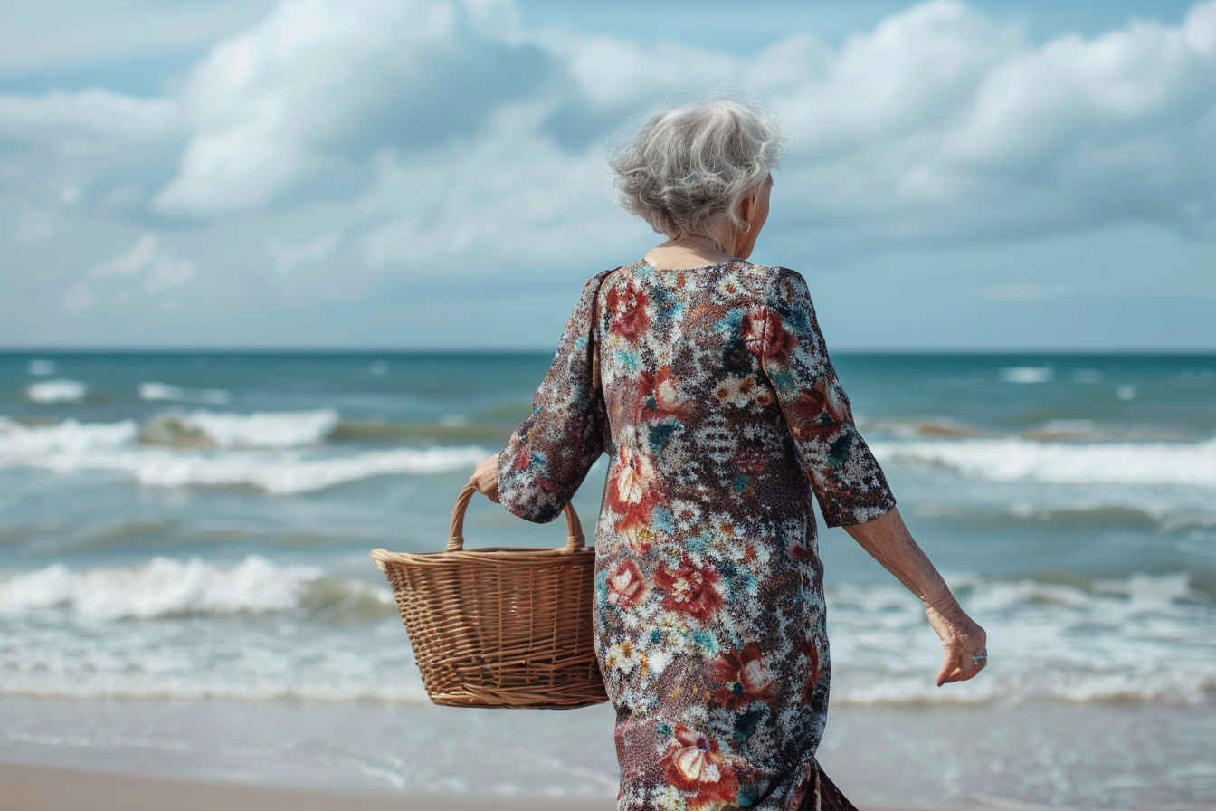 Image gratuite Femme âgée marchant avec un panier de pique-nique à la mer 1