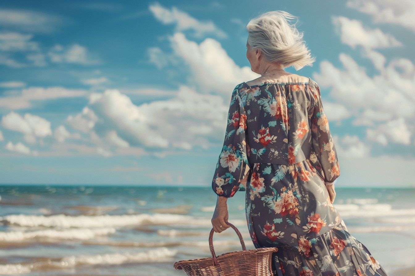 Image gratuite Femme âgée marchant avec un panier de pique-nique à la mer 2