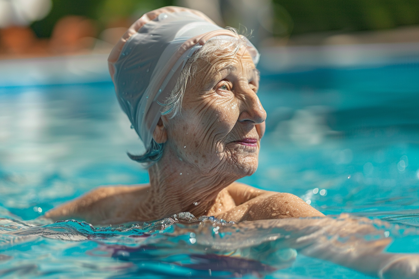 Image gratuite Femme âgée nageant tranquillement dans une piscine de resort 1