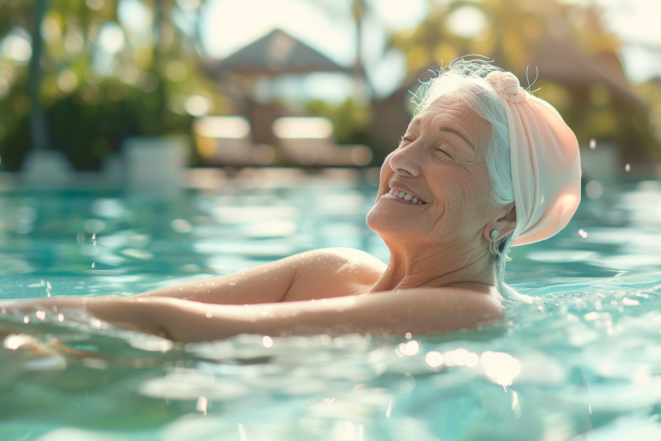 Image gratuite Femme âgée nageant tranquillement dans une piscine de resort 2