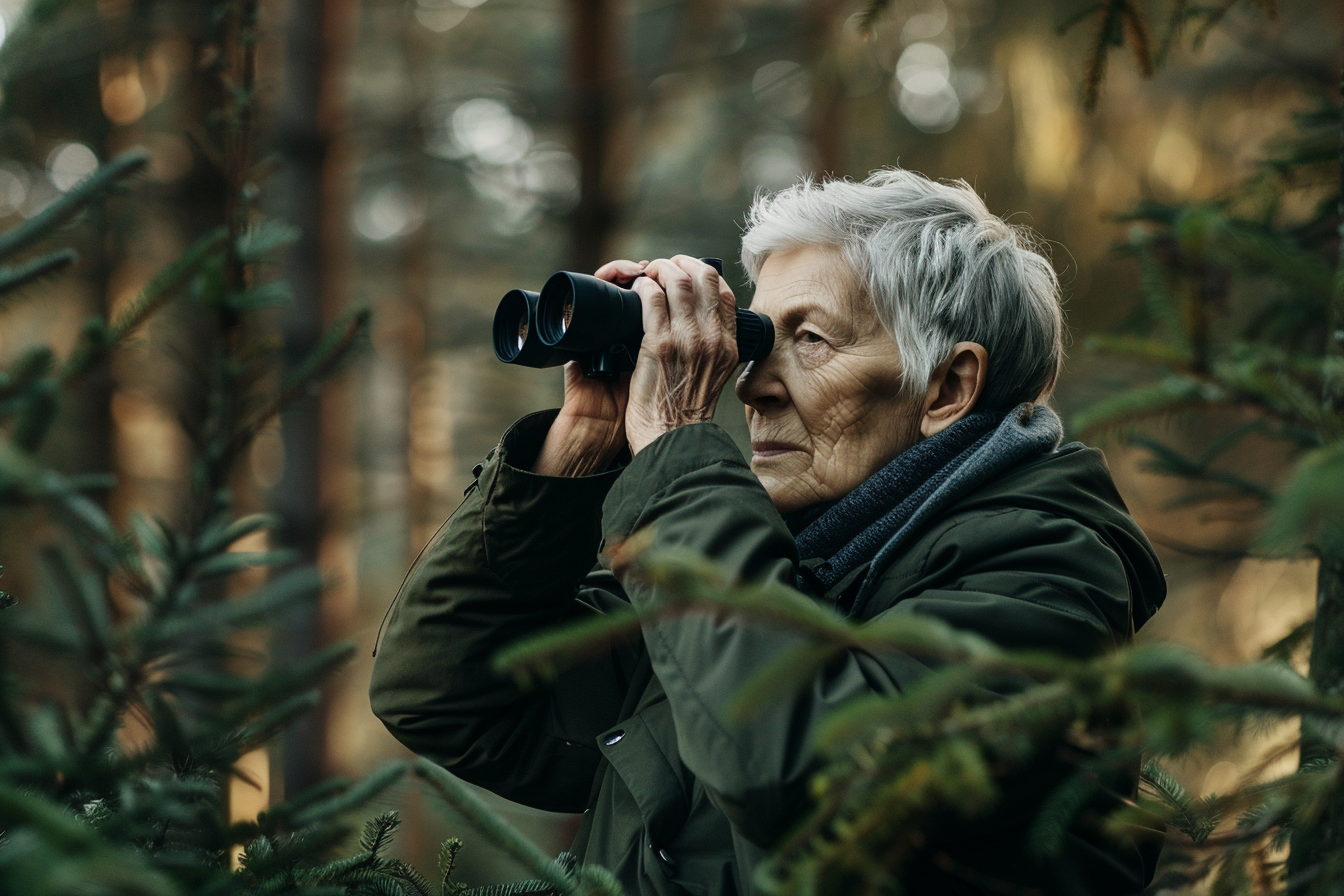 Image gratuite Femme âgée observant les oiseaux en montagne 1