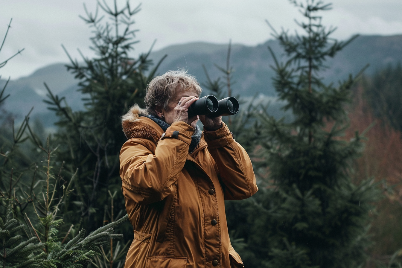 Image gratuite Femme âgée observant les oiseaux en montagne 2
