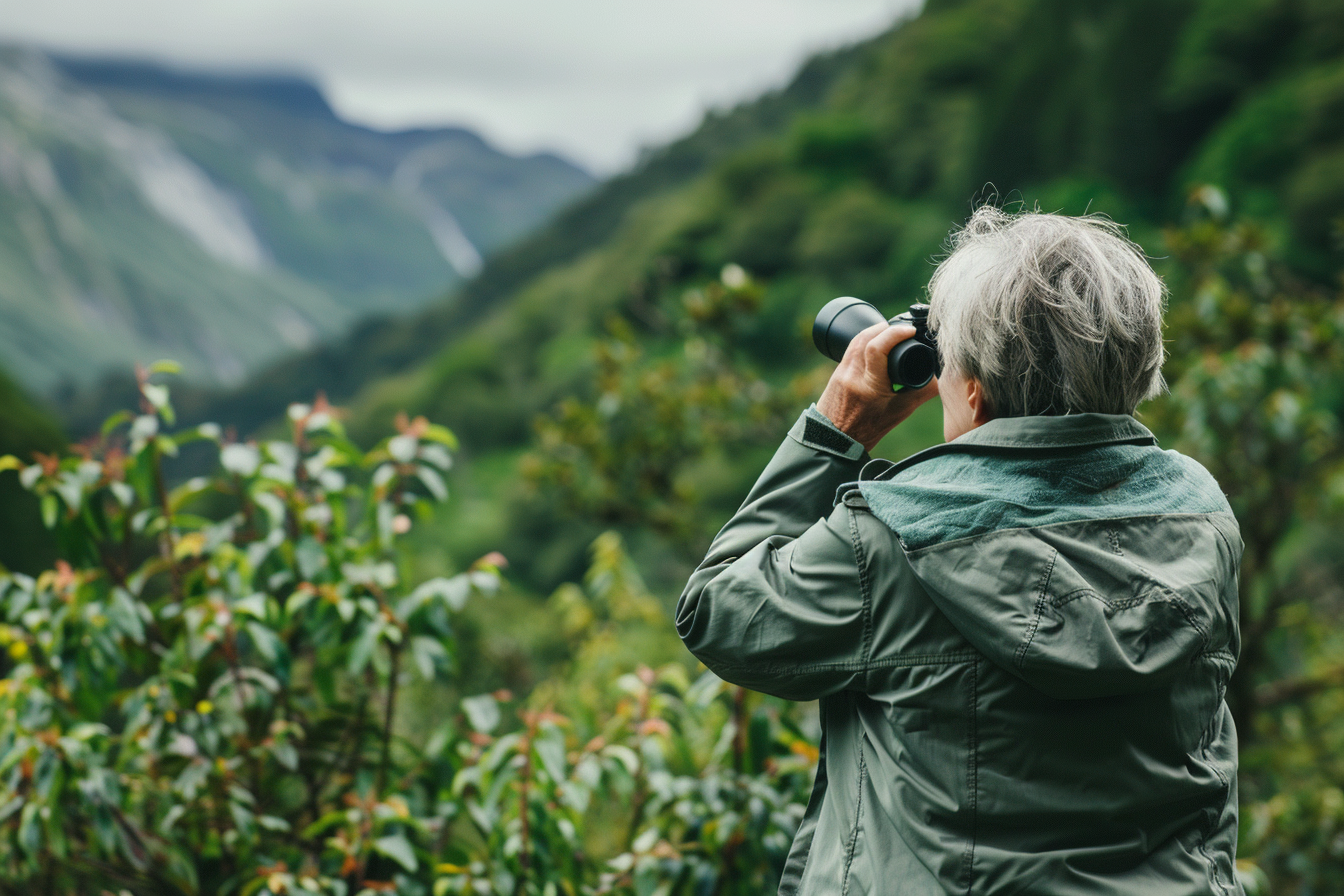 Image gratuite Femme âgée observant les oiseaux en montagne 3