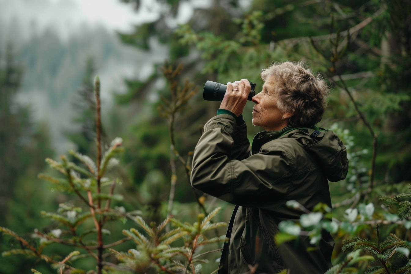 Image gratuite Femme âgée observant les oiseaux en montagne 4