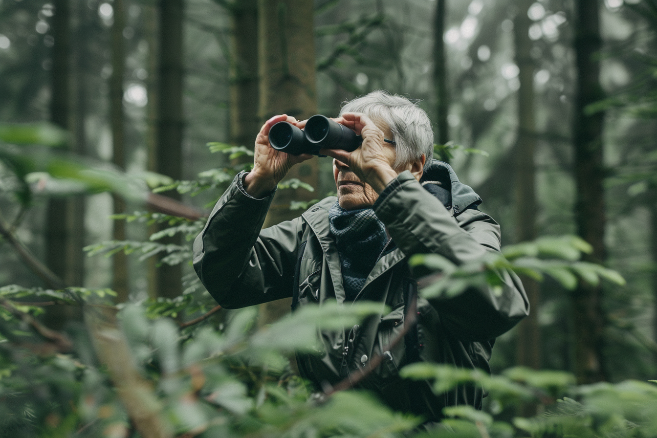 Image gratuite Femme âgée observant les oiseaux en montagne 5