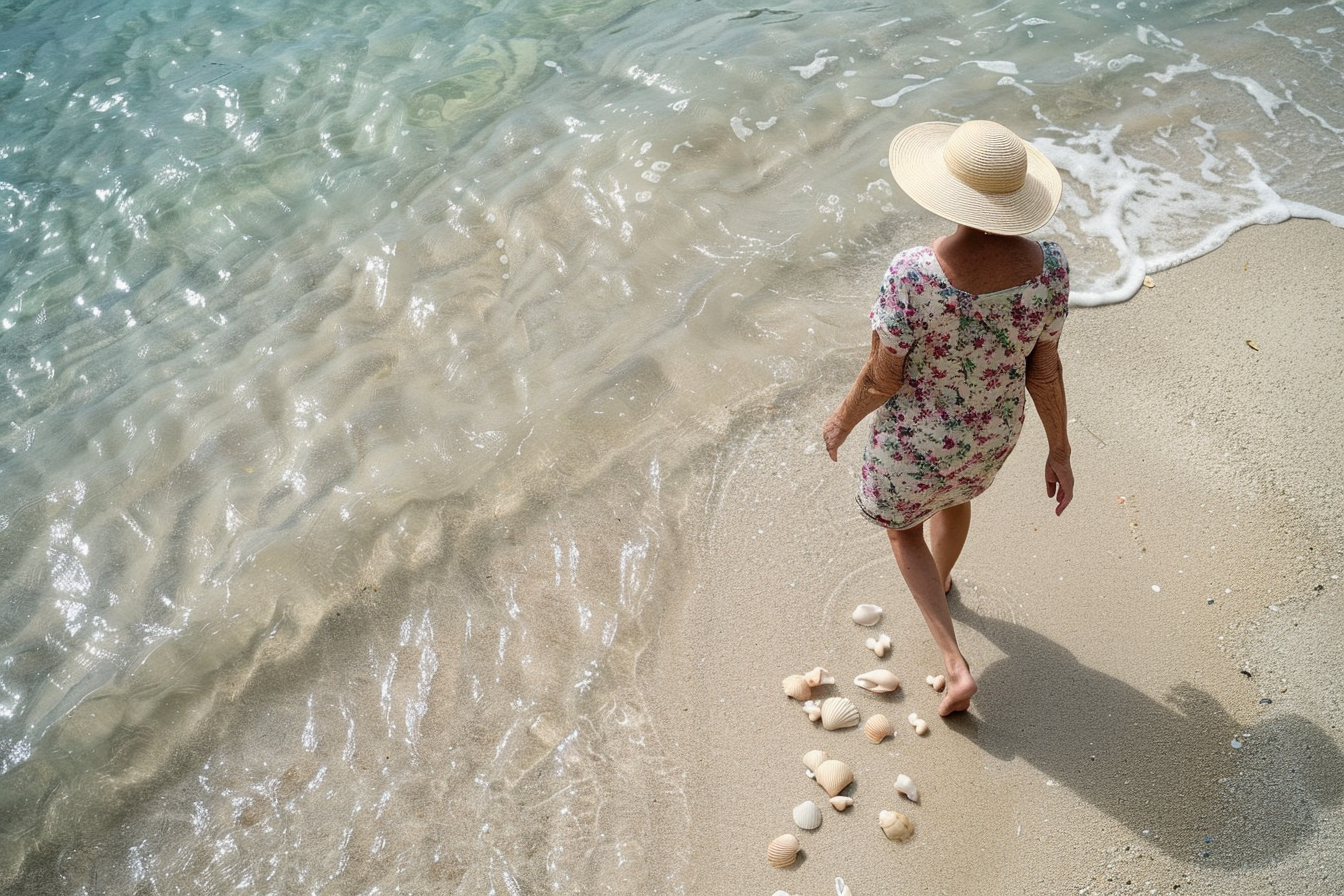 Image gratuite Femme âgée ramassant des coquillages à la plage 1