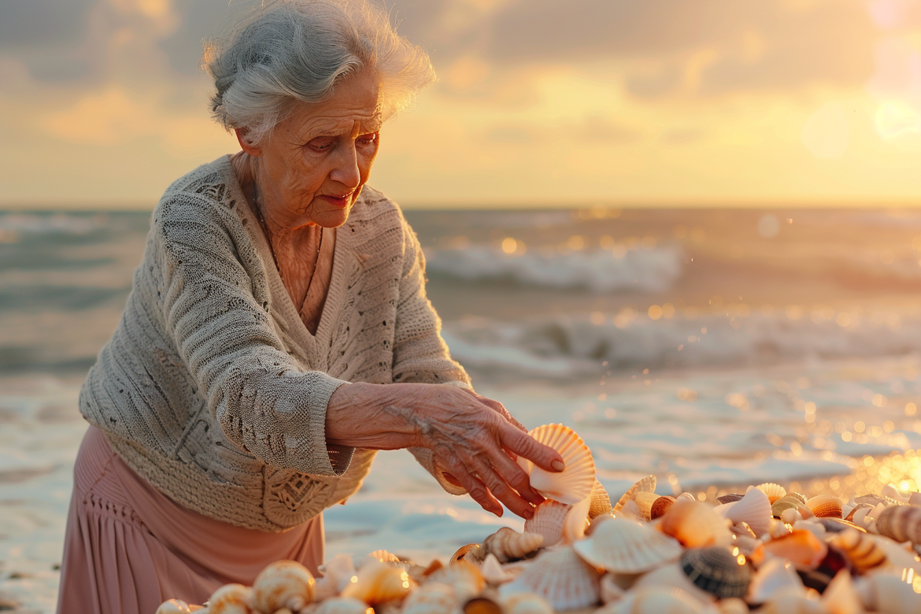 Image gratuite Femme âgée ramassant des coquillages au coucher du soleil 1