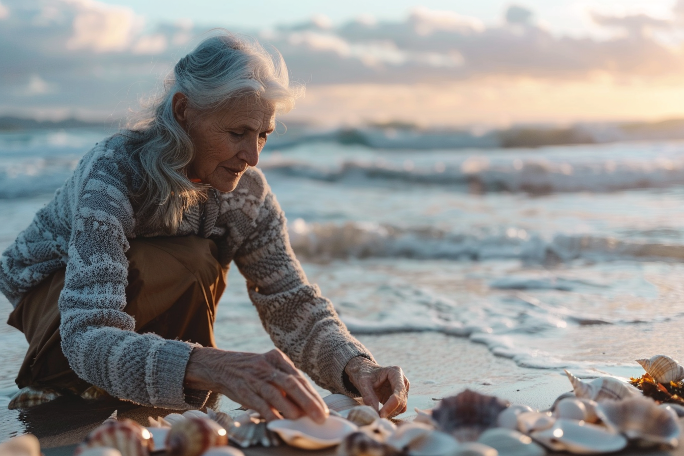 Image gratuite Femme âgée ramassant des coquillages au coucher du soleil 2