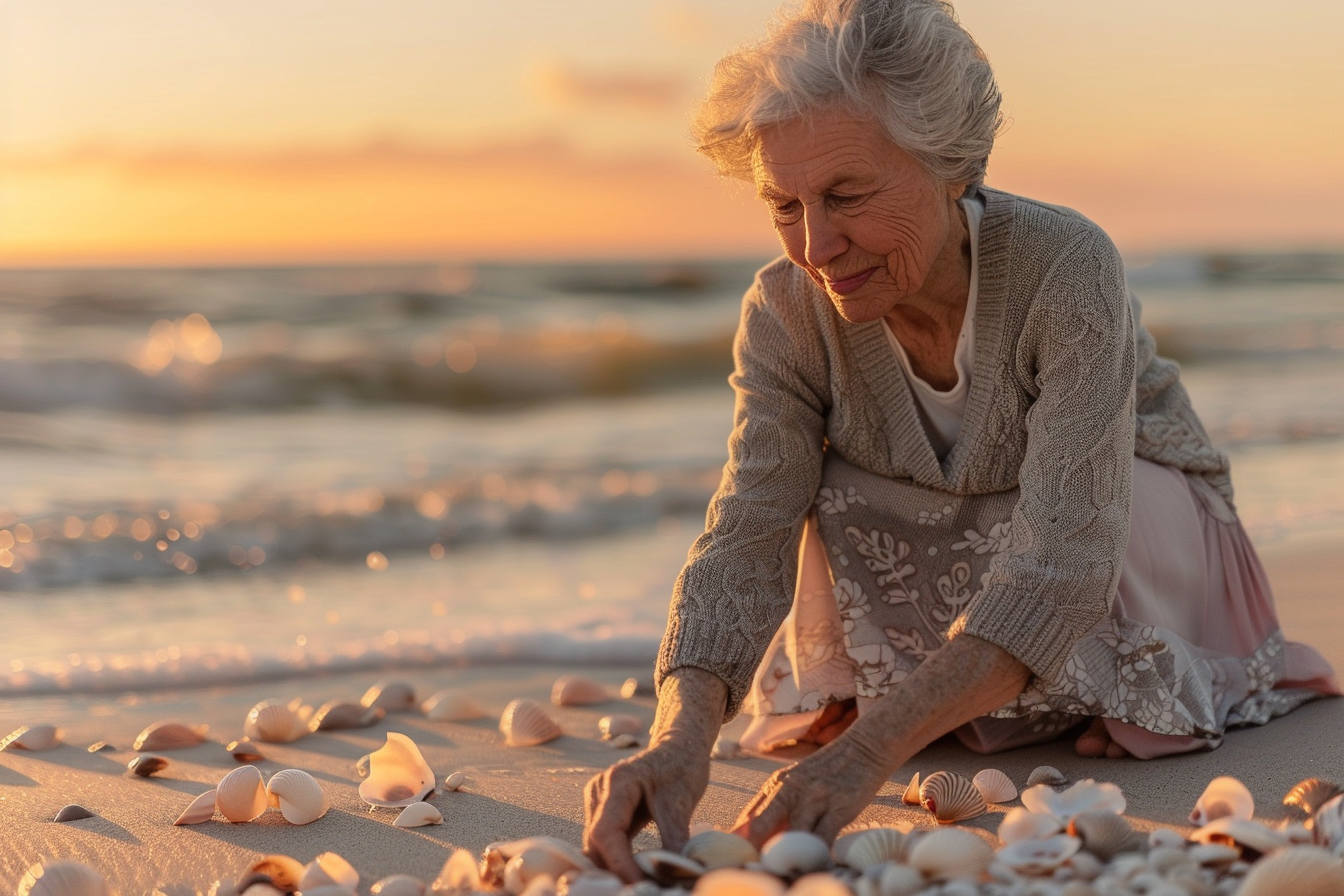 Image gratuite Femme âgée ramassant des coquillages au coucher du soleil 3