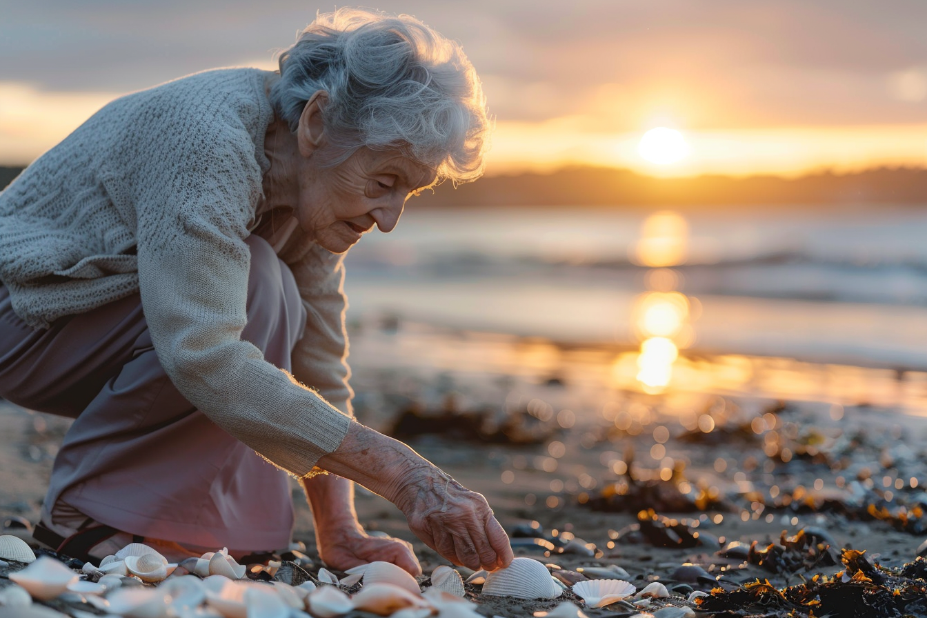 Image gratuite Femme âgée ramassant des coquillages au coucher du soleil 4