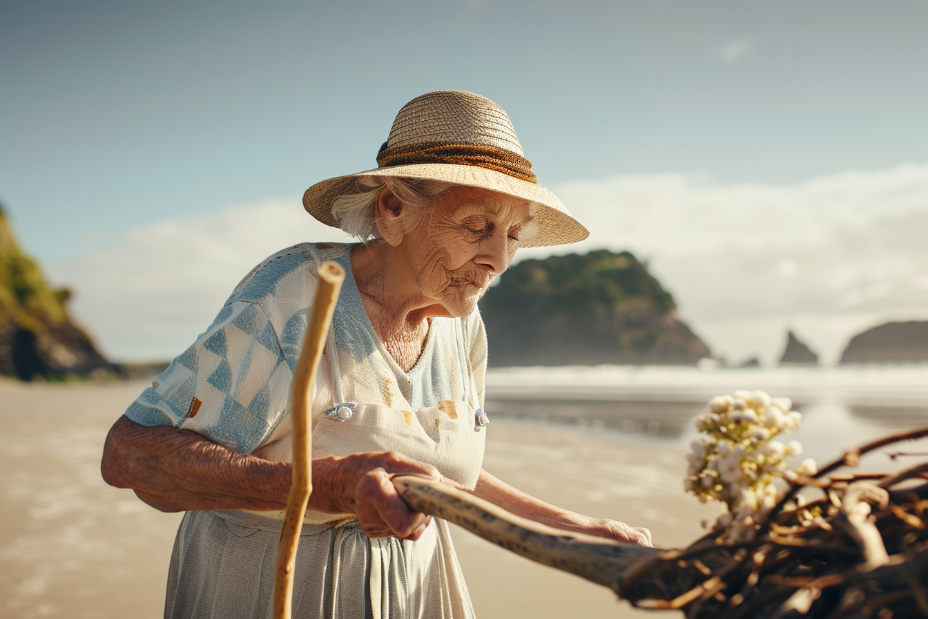 Image gratuite Femme âgée ramassant du bois flotté à la mer 1