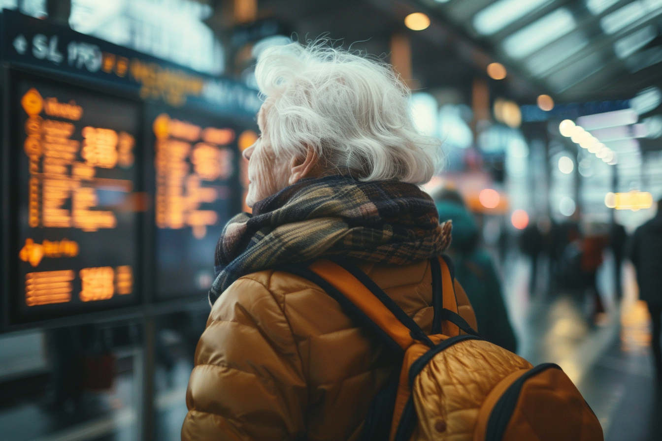 Image gratuite Femme âgée regardant l&rsquo;horaire à la gare 2