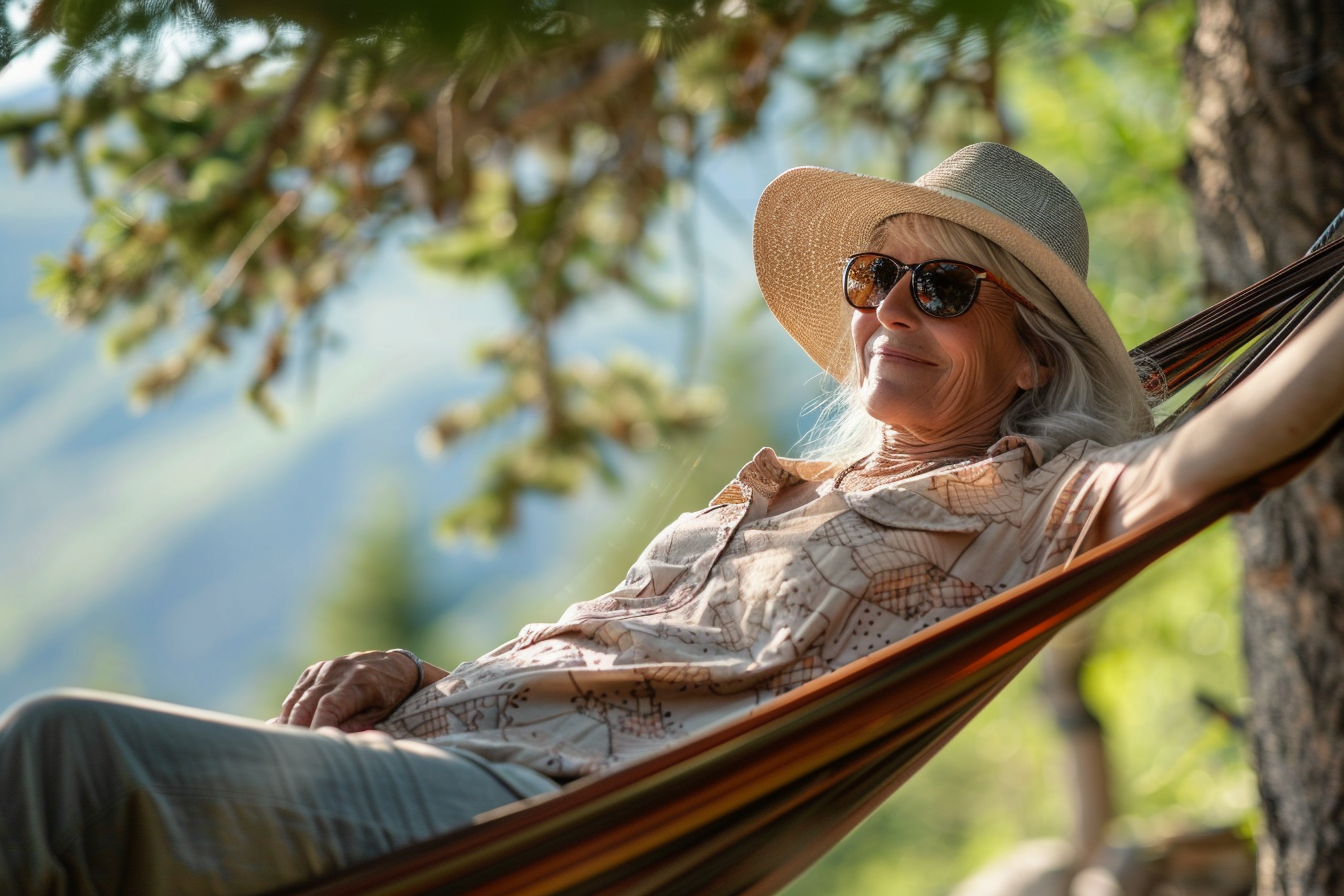 Image gratuite Femme âgée relaxant dans un hamac en montagne 1