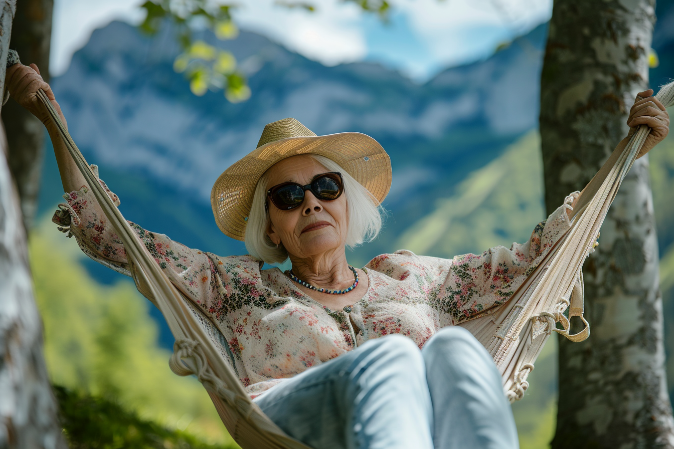 Image gratuite Femme âgée relaxant dans un hamac en montagne 4