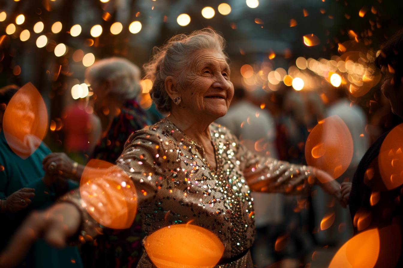 Image gratuite Femme âgée, robe scintillante, dansant amis, jardin décoré 1