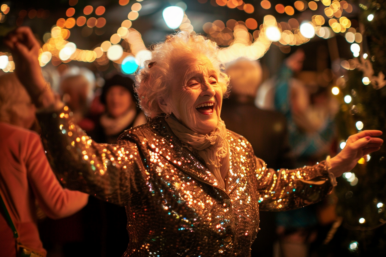 Image gratuite Femme âgée, tenue scintillante, dansant amis, jardin décoré 1