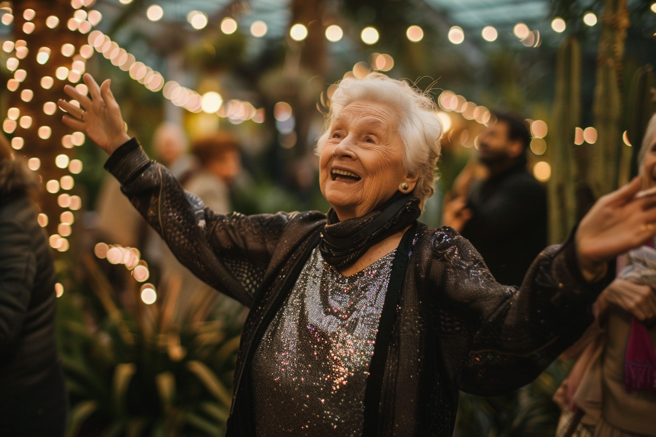 Image gratuite Femme âgée, tenue scintillante, dansant amis, jardin décoré 2