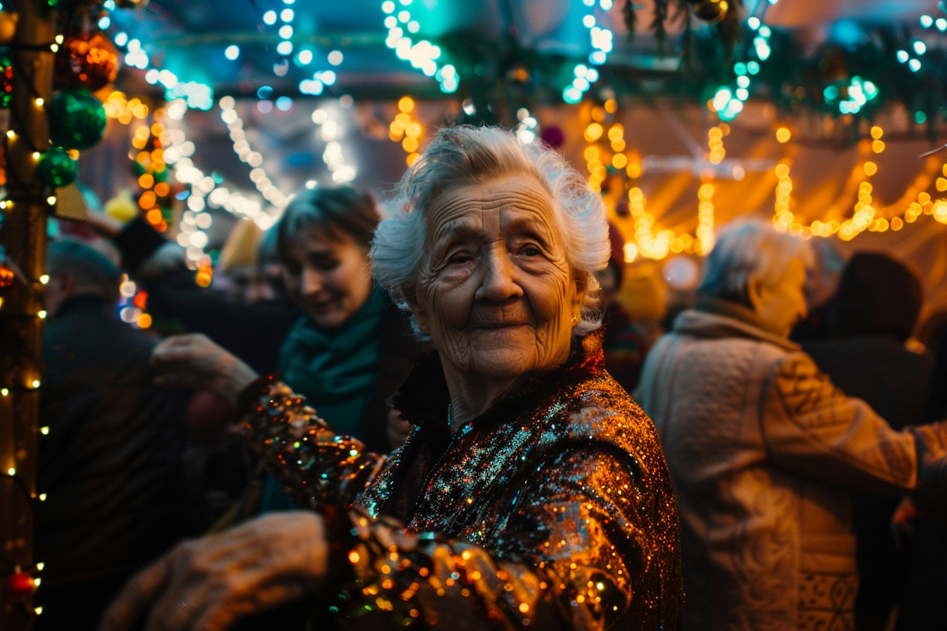Image gratuite Femme âgée, tenue scintillante, dansant amis, jardin décoré 3