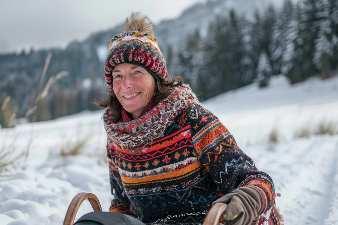 Image gratuite Femme assise sur une luge en montagne enneigée 2