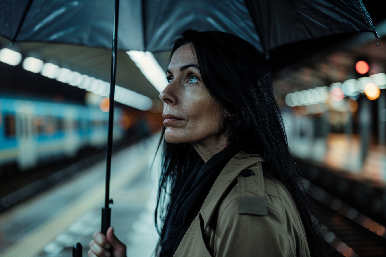 Image gratuite Femme attendant sous la pluie à la gare 1