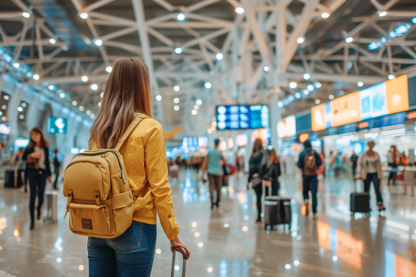 Image gratuite Femme avec valise dans terminal d&rsquo;aéroport animé 1