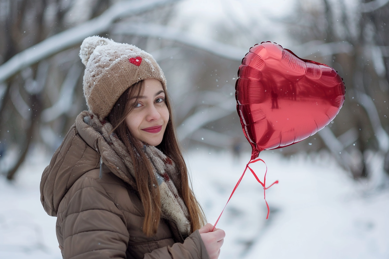 Image gratuite Femme, ballon cœur, parc enneigé 2