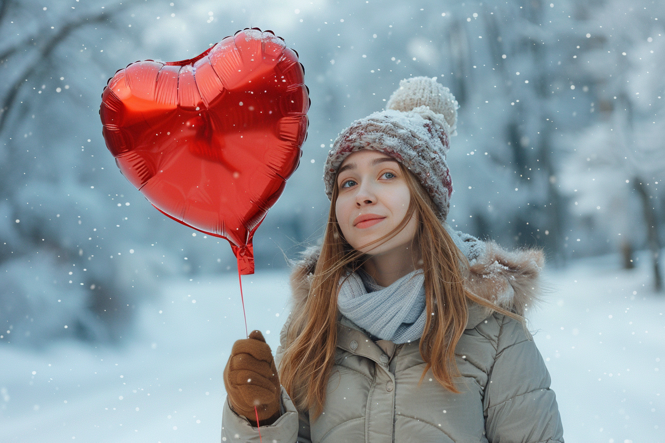 Image gratuite Femme, ballon cœur, parc enneigé 3